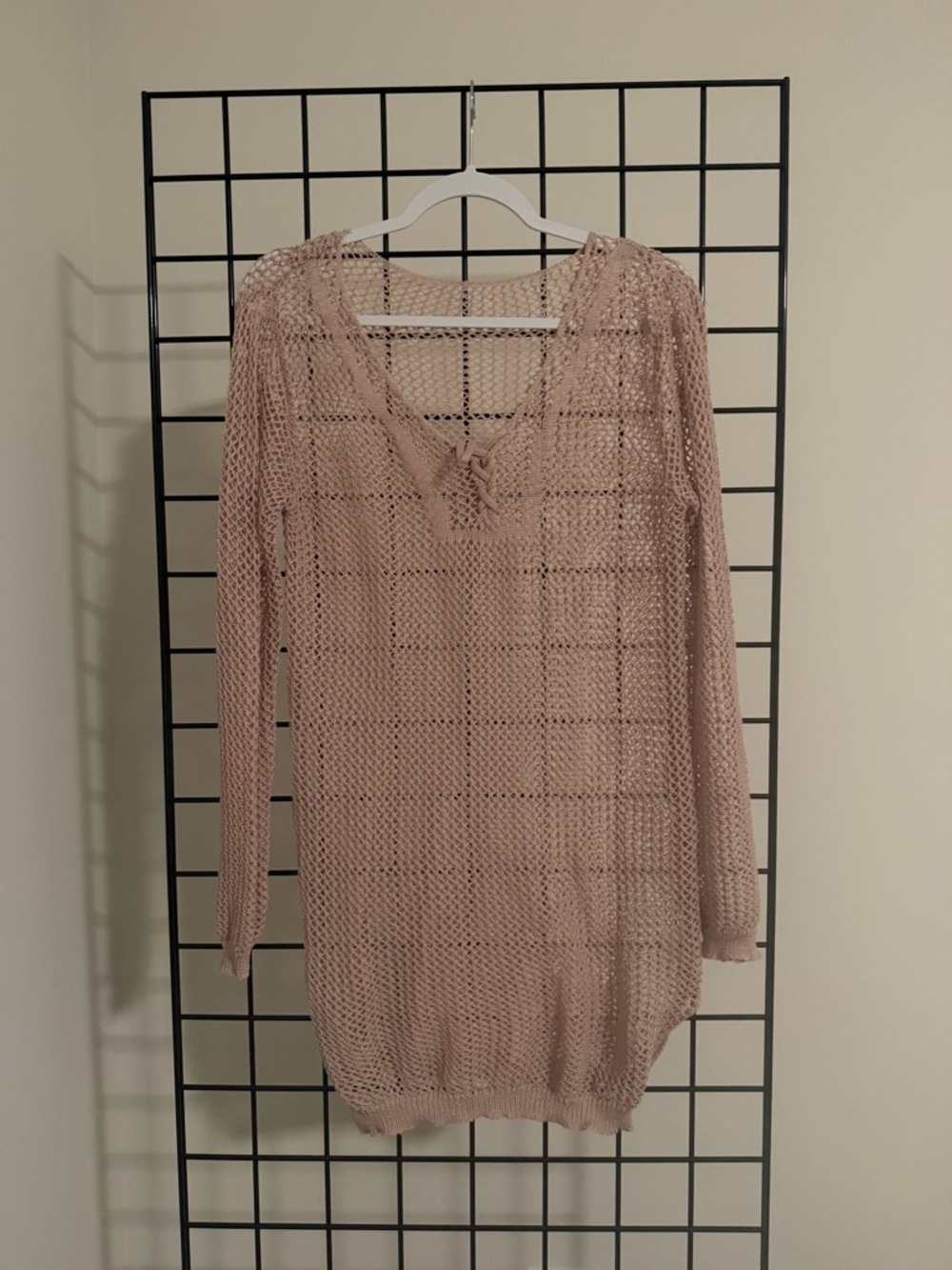 Tan Crochet Swim Cover-Up with V-Neck Tie